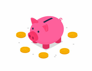 Isometric Piggy Bank Icon with Gold Coins