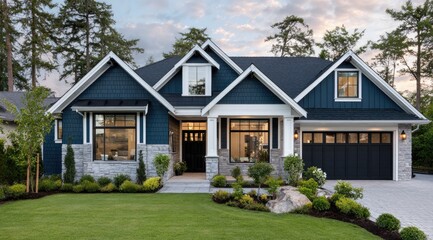 Obraz premium New construction home in the Pacific Northwest, a navy blue house with white trim and black stone accents, a grassy yard with green trees