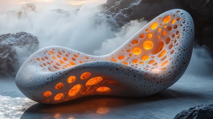 Futuristic sculptural lounge chair illuminated by warm light, set against a dramatic ocean backdrop, blending art and nature for modern living spaces.