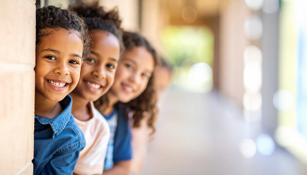 a group of children peering curiously around the corner of a wall with space for text