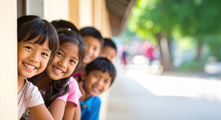 a group of children peering curiously around the corner of a wall with space for text