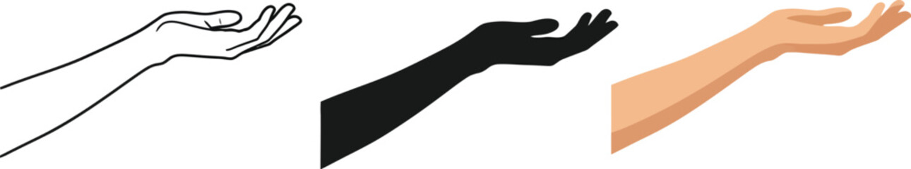 Three vector illustrations showcase a hand in a receiving or offering gesture, presented in line art, silhouette, and realistic skin tone, ideal for diverse design applications.