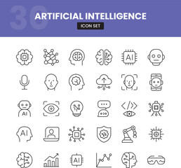 Line Icons Set of Artificial Intelligence, Machine Learning, Neural Network, Robot Technology, Cloud Computing, and Data Analysis – Modern Outline Style for UI/UX and Tech Projects
