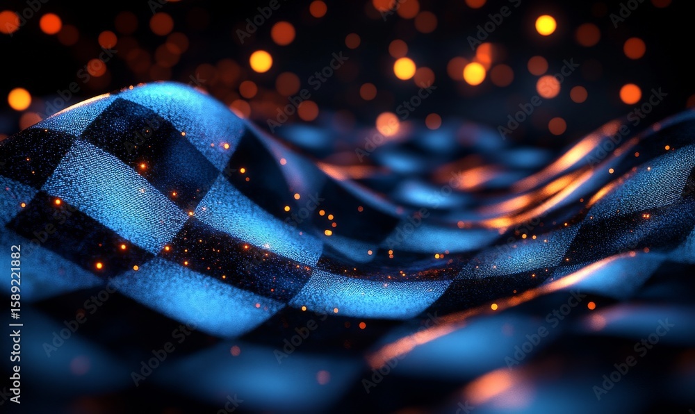 Poster checkered fabric illuminated by glowing particles in an artistic display