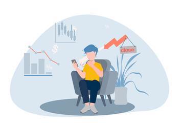 Flat style illustration of a man checking economic crisis news on phone. Downward arrow and graph show recession and financial downturn concept