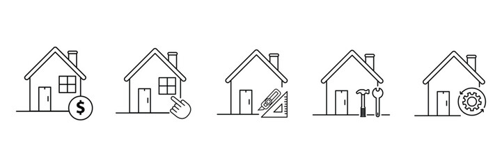 House price selection design construction tools maintenance gear icon set real estate home repair architecture renovation property outline concept vector.
