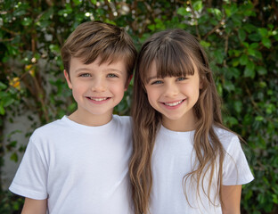 Boy and girl smile together. Sibling bond, friendship. Portrait captures kids in front of a green hedge. Marketing, design, editorial.
