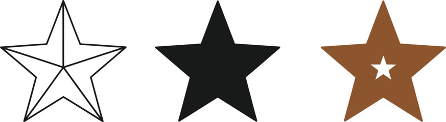 Three star icons showcase a line art outline, a solid black silhouette, and a brown star with a white center, perfect for design elements or celestial themes.