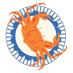 Red crab on blue plate. Seafood italian style.
