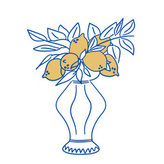 Lemon vase hand drawn ink sketch. Mediterranean bowl filled with lemons. Blue line art, whimsical Italian tableware. Perfect for kitchen decor, menu, packaging, pattern, card, poster design.
