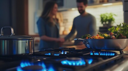 Couple cooking vegetables on gas stove in kitchen.