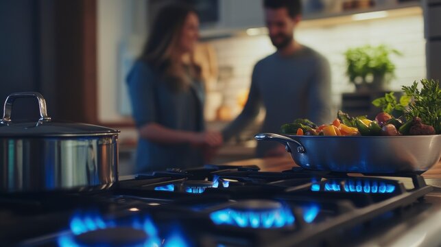 Couple cooking vegetables on gas stove in kitchen.
