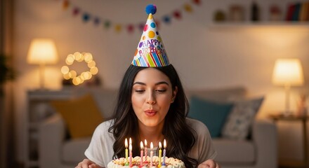A woman wearing a party hat blows out candles on a birthday cake in a cozy living room.