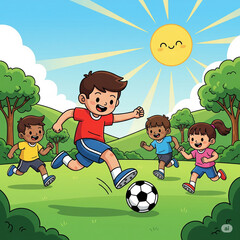 Kids run and play ball on a grassy field under a bright sky. Energetic cartoon scene with happiness and teamwork.