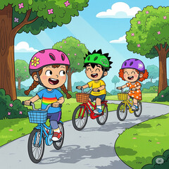 Children joyfully ride bikes through a bright, green park trail wearing colorful helmets.
