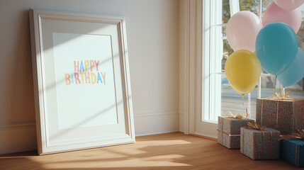 Happy Birthday Poster With Pastel Balloons Indoors