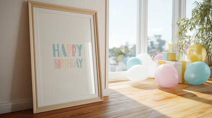 Happy Birthday Poster With Pastel Balloons Indoors