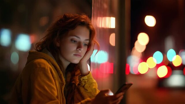Young woman sitting at bus stop looking at phone at night