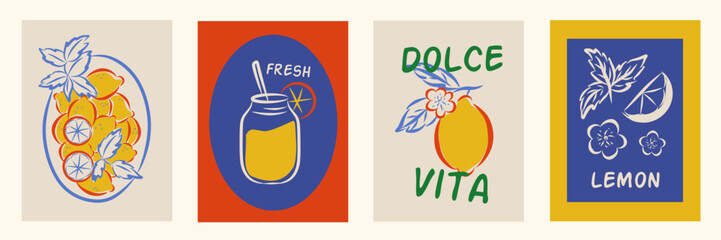 Lemon, limoncello and lemon slices in mediterranean frames set. Vector elegant colorful doodle illustration of lemons, label for poster, invitation, placard. Italian style vacation vector illustration