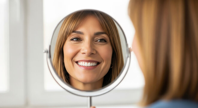 mature caucasian woman with brown hair smiling in round mirror reflection. concept of confidence, lifestyle. mental health, dental hygiene and care, stomatology