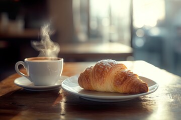 Fresh croissant and hot coffee cup on wooden table in morning light