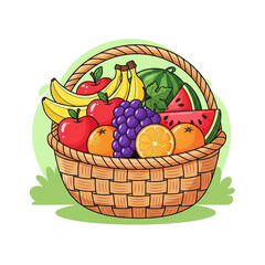 A vibrant fruit basket filled with bananas, apples, grapes, watermelon slices, and oranges sits on a simple green backdrop.