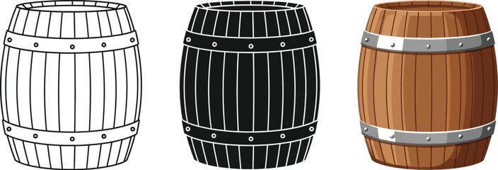 Three wooden barrels showcase different styles, including a line art version, a solid black silhouette, and a detailed color illustration, perfect for various design projects.