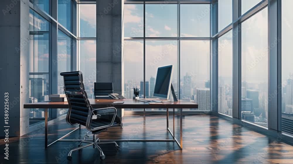 Poster a desk with a computer and monitor facing a large window, perfect for remote work or office setup