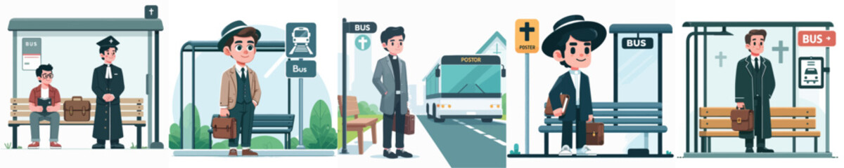 vector of a priest waiting at a bus stop