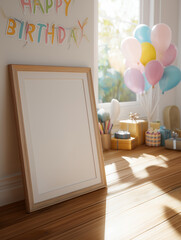 Happy Birthday Poster With Pastel Balloons Indoors