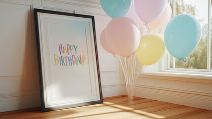 Happy Birthday Poster With Pastel Balloons Indoors