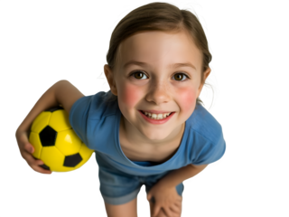 Young girl smiling with soccer ball on her hand, full body standing portrait 
