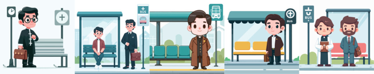 vector of a priest waiting at a bus stop
