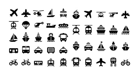 Transport Glyph Icon Set – Vector Silhouette Pictograms of Airplane, Helicopter, Boat, Ferry, Cargo Ship, Motorcycle, Bicycle, Tram, Subway, and Metro

