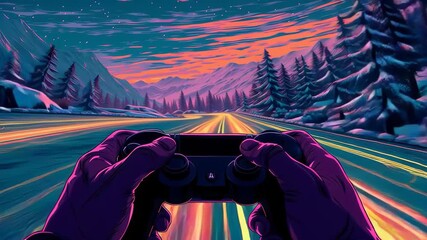 Vibrant world of gaming with thrilling landscapes and dynamic visuals after sunset in serene wilderness - Powered by Adobe