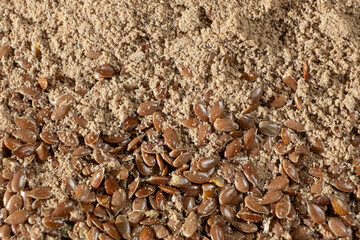 Flax Seeds and Ground Flaxseed Flour Macro View.