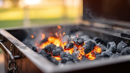 Close-up of a charcoal grill with glowing embers and rising smoke, highlighting dark metallic textures.
