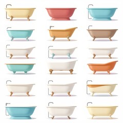 a collection of bathtubs, flat shading style, arranged in a 3x3 grid on a white background