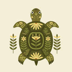 Decorative turtle design with floral patterns on light background  for eco-friendly decor and marine life lovers in modern art style