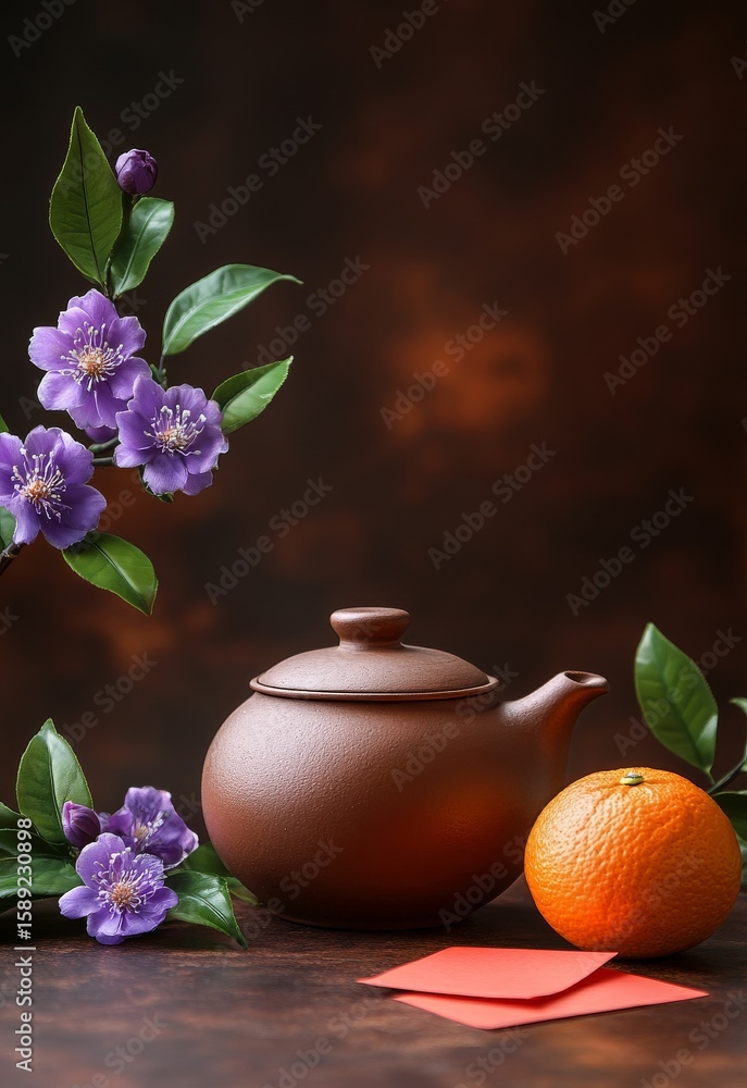 Poster elegant teapot with oranges and flowers on display in a serene setting during the afternoon