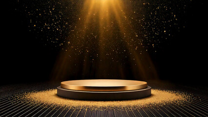 Luxurious gold stage podium illuminated by bright lights against a dark elegant background