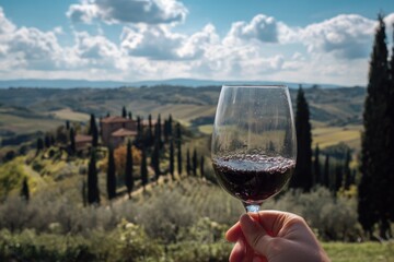 Hand holding wine glass, Tuscan landscape