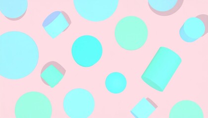 Delicate Pastel Colored 3D Minimal Abstract Shapes with Cast Shadows on Pink Background