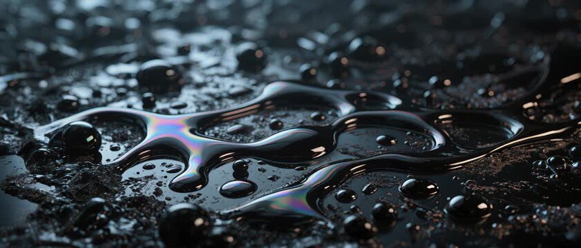 Close-up of Viscous Dark Liquid Splashes on a Wet Grungy Surface with Iridescent Sheen, Abstract Texture