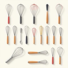 a collection of whisks, flat shading style, arranged in a 3x3 grid on a white background