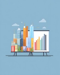 Fototapeta premium Corporate presentation cartoon with city HUD and bar chart