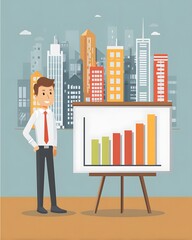 Corporate presentation cartoon with city HUD and bar chart
