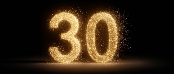 Glowing golden number thirty made of luminous light particles on black background with radiant digital energy effect