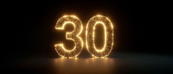 Large luminous numeral three zero composed of shimmering golden light particles floating on a dark black backdrop