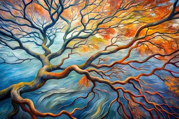 Energetic Dancing Branches Painting in Watery Terracotta and Slate Tones – Abstract Nature Art
